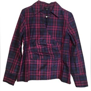 Talbots Silk Cotton Purple Navy Plaid Faux Wrap Blouse Top